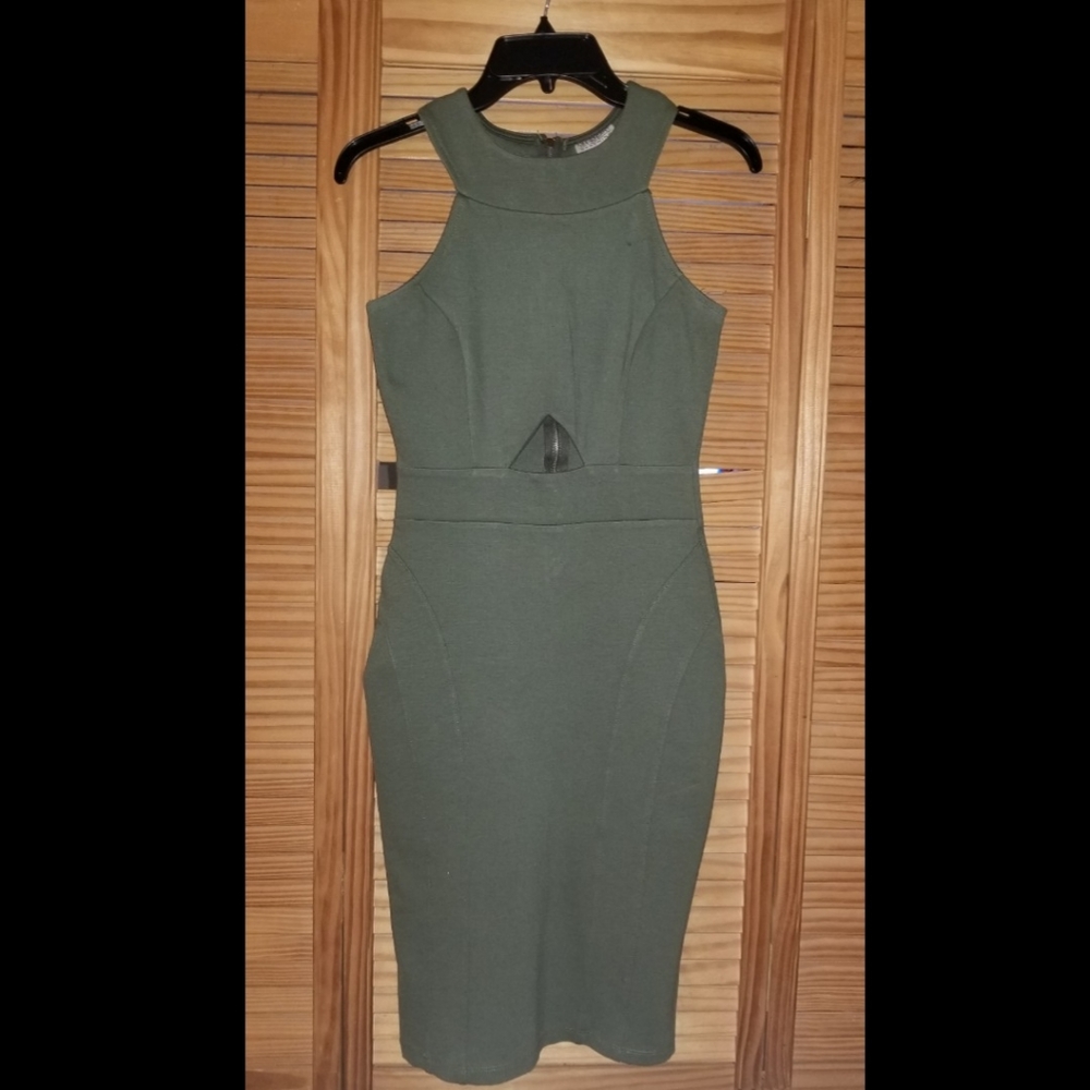 Olive green, bodycon dress.